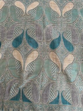 Pashmina Silk Wrap: Subtle Teal & Beige Paisley, 3-3/4" Brown Fringe. Smoke free
